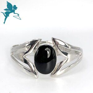 VINTAGE JCM Modernist Sterling Silver and Onyx Hinged Cuff Bracelet